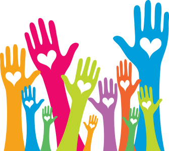 Colorful raised hands with a heart cutout in the palms