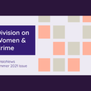 A banner that reads Division on women & crime with a purple background on the left side. There are two pink squares and a grey square on the right side.