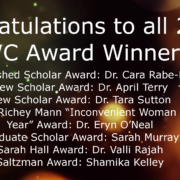 A banner reading "Congratulations to all 2021 DWC Award Winners! Distinguished Scholar Award: Dr. Cara Rabe-Hemp New Scholar Award: Dr. April Terry New Scholar Award: Dr. Tara Sutton CoraMae Richey Mann “Inconvenient Woman of the Year” Award: Dr. Eryn O’Neal Graduate Scholar Award: Sarah Murray Sarah Hall Award: Dr. Valli Rajah Saltzman Award: Shamika Kelley"